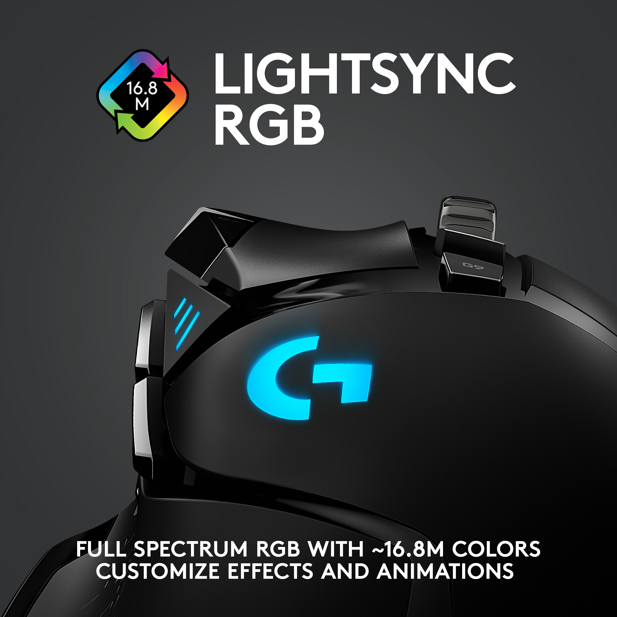Schwarze Gaming-Maus mit RGB-Beleuchtung. Die Maus hat mehrere Tasten und ein leuchtendes Logo.