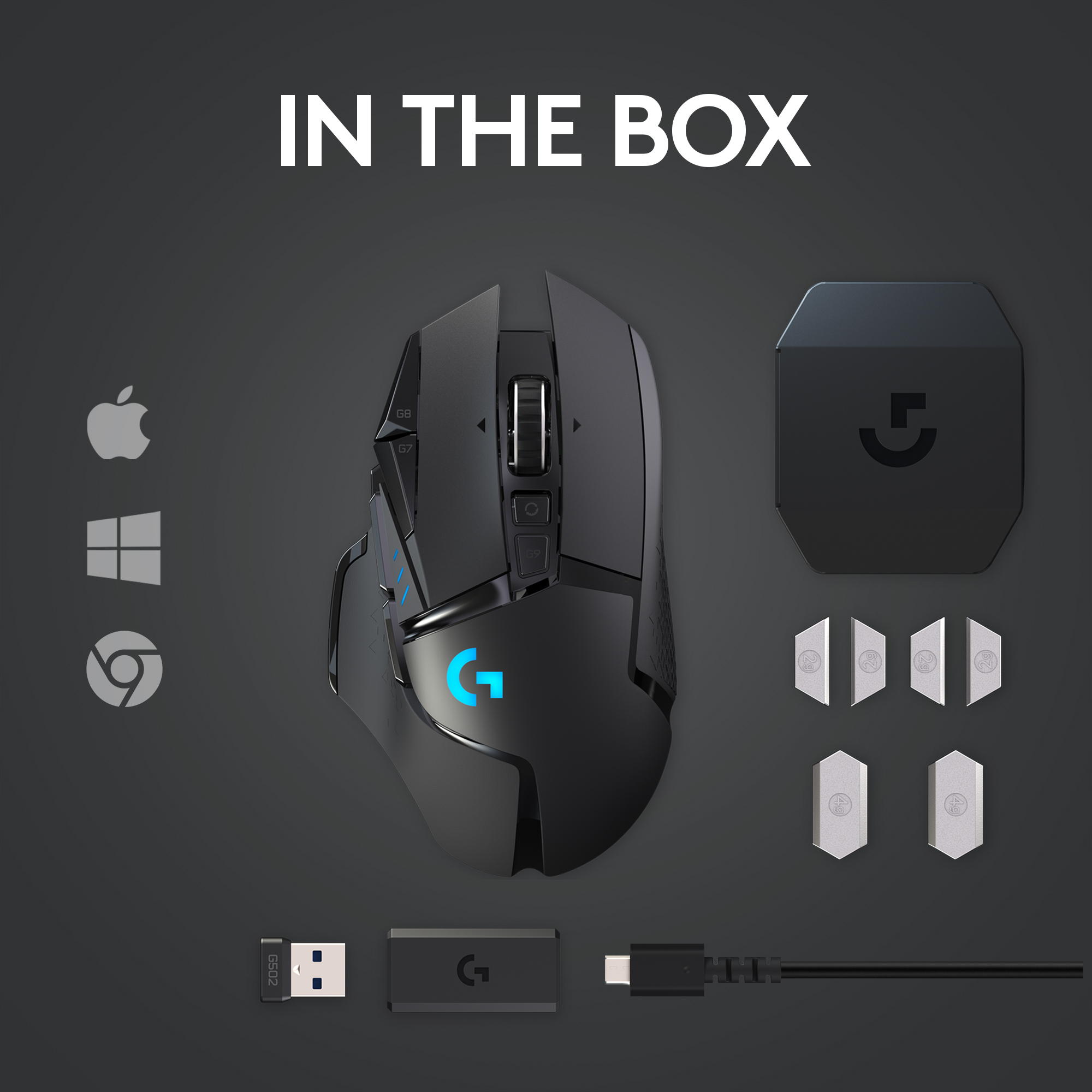Logitech Gaming-Maus und Zubehör, einschließlich Dongle und Kabel.