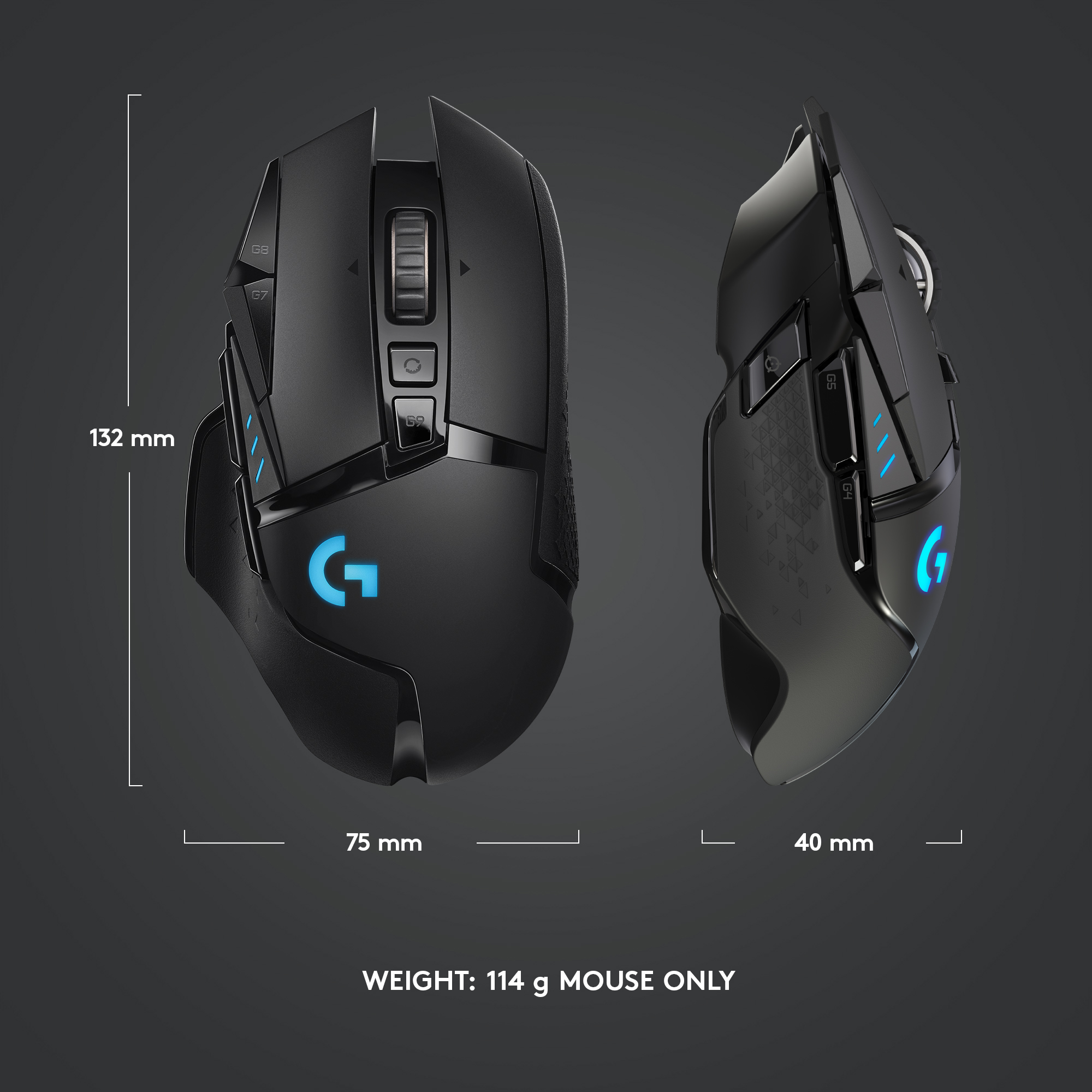 Eine schwarze Gaming-Maus mit Abmessungen und Gewicht: 132 mm Länge, 75 mm Breite, 40 mm Höhe, 114 g.