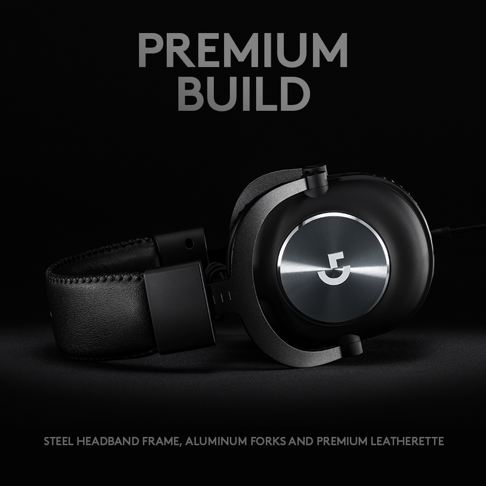 Ein schwarzes Headset mit silbernem Mittelteil mit dem Buchstaben G und dem Text Premium Build.