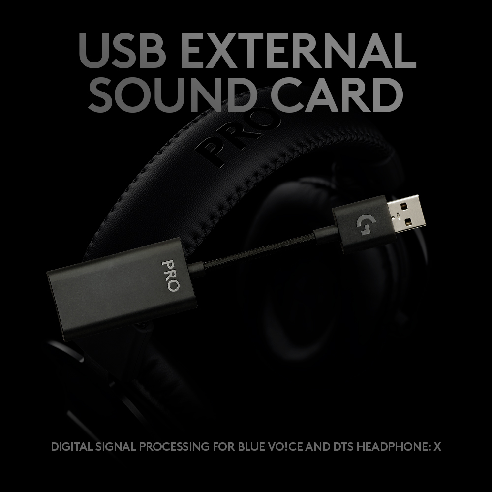 Schwarze externe USB-Soundkarte mit Kopfhörerkabel und PRO-Logo.