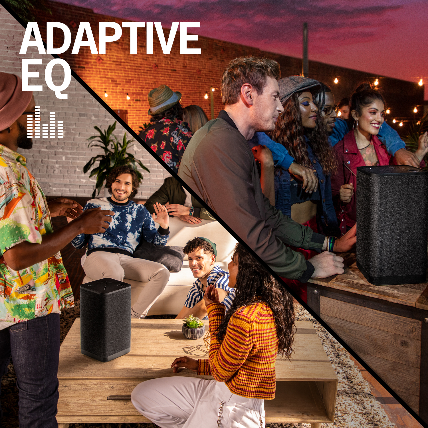 Leute, die mit einem Lautsprecher Kontakte knüpfen, adaptive EQ-Grafik links.