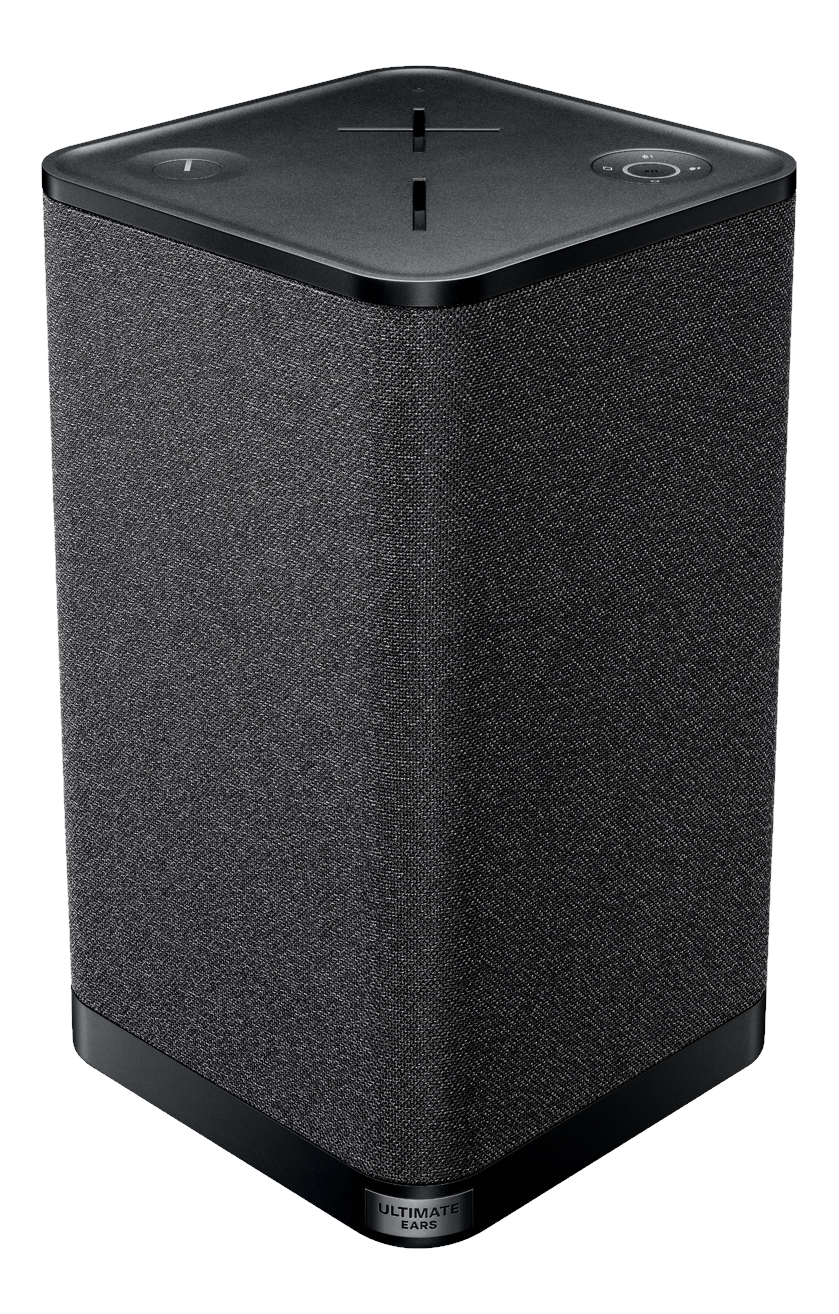 Schwarzer rechteckiger Lautsprecher mit Stoffseiten. Oberseite mit Knöpfen. Unten Logo.