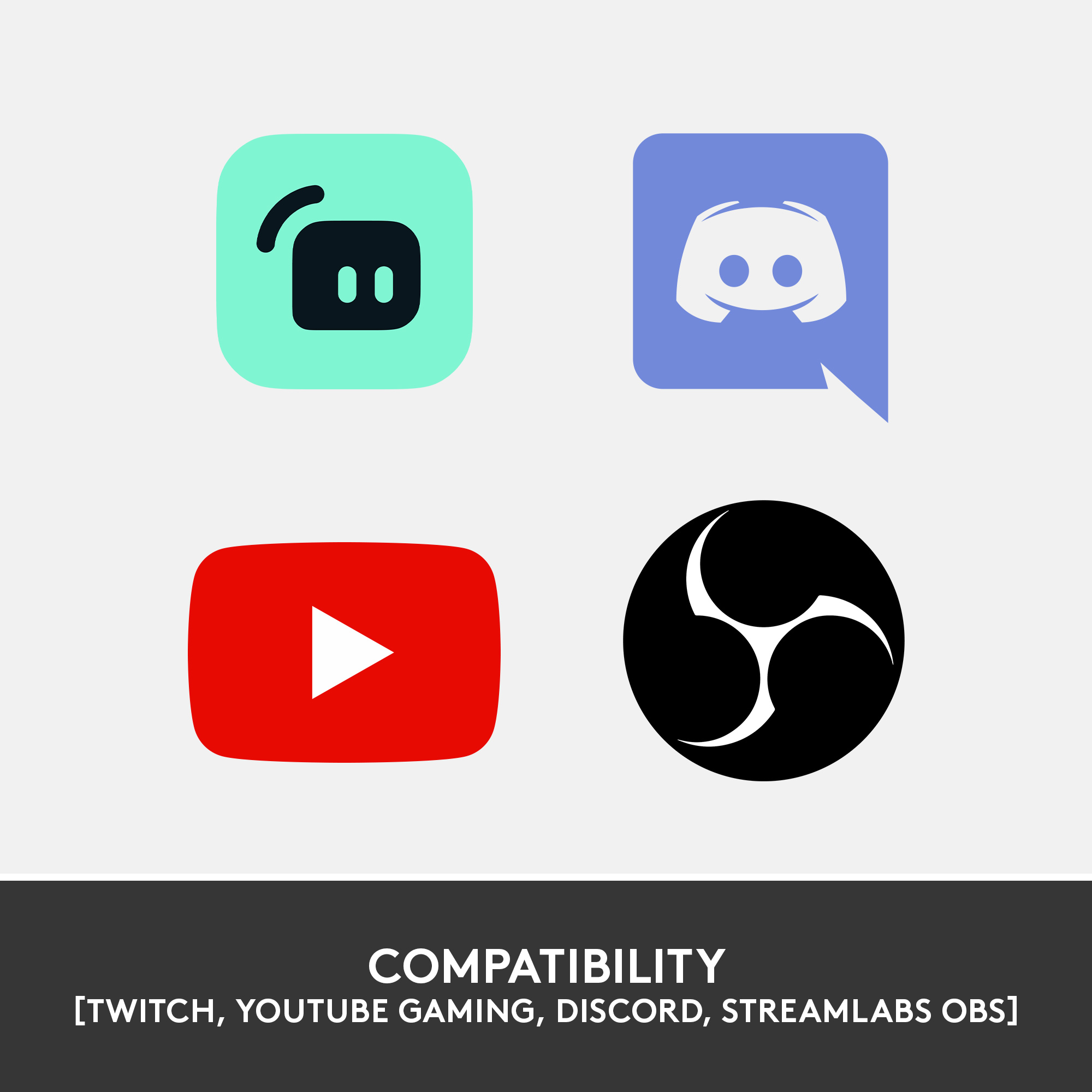 Vier App-Symbole für Social-Media-Plattformen. Die Symbole sind für Twitch, Discord, YouTube und Streamlabs.