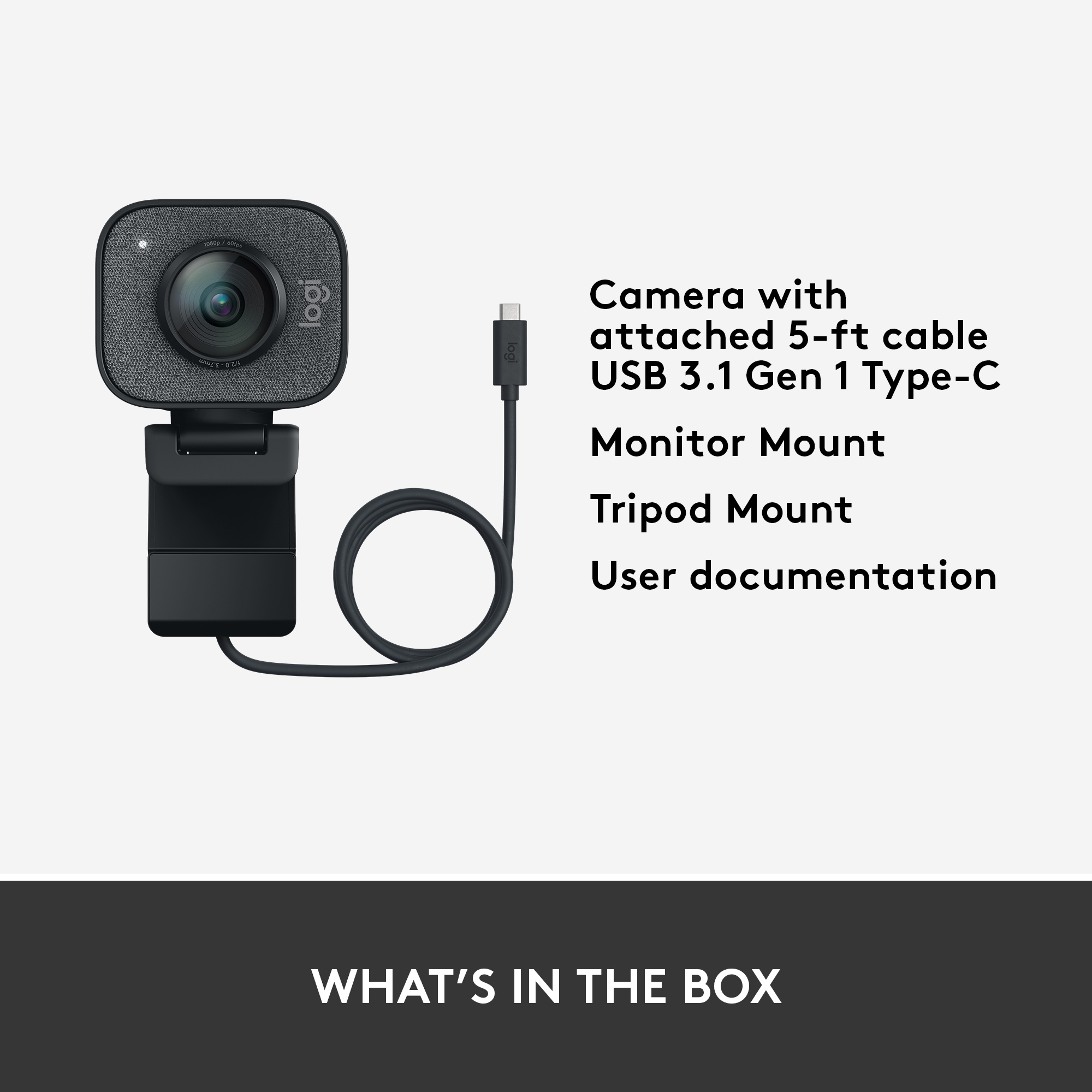 Logitech Webcam mit Kabel, Monitorhalterung, Stativhalterung und Dokumentation.