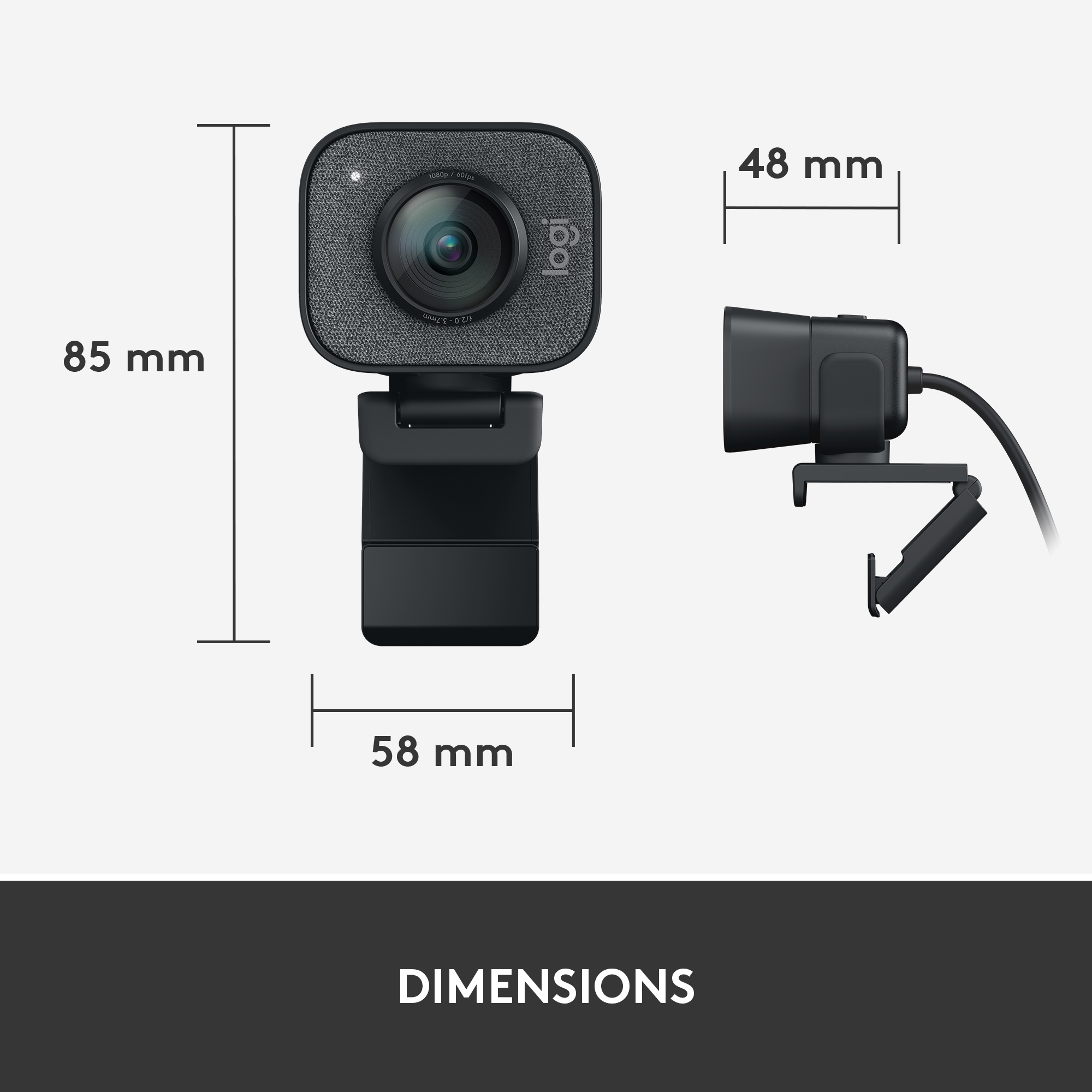 Eine Webcam mit Abmessungen, schwarz und Text 'DIMENSIONS' unten.