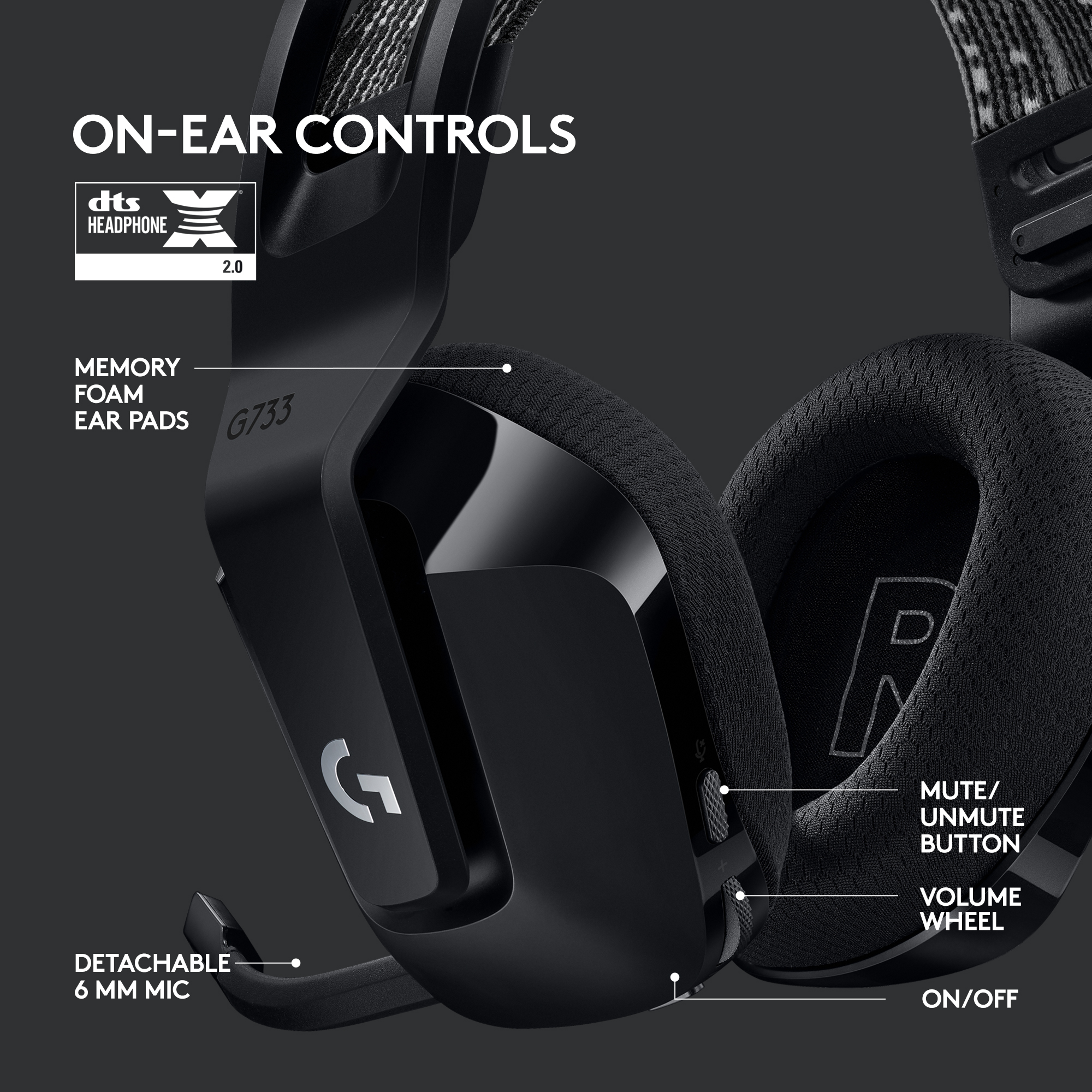 Schwarzes Logitech G733 Headset mit Ohrmuschelbedienelementen und abnehmbarem Mikrofon.