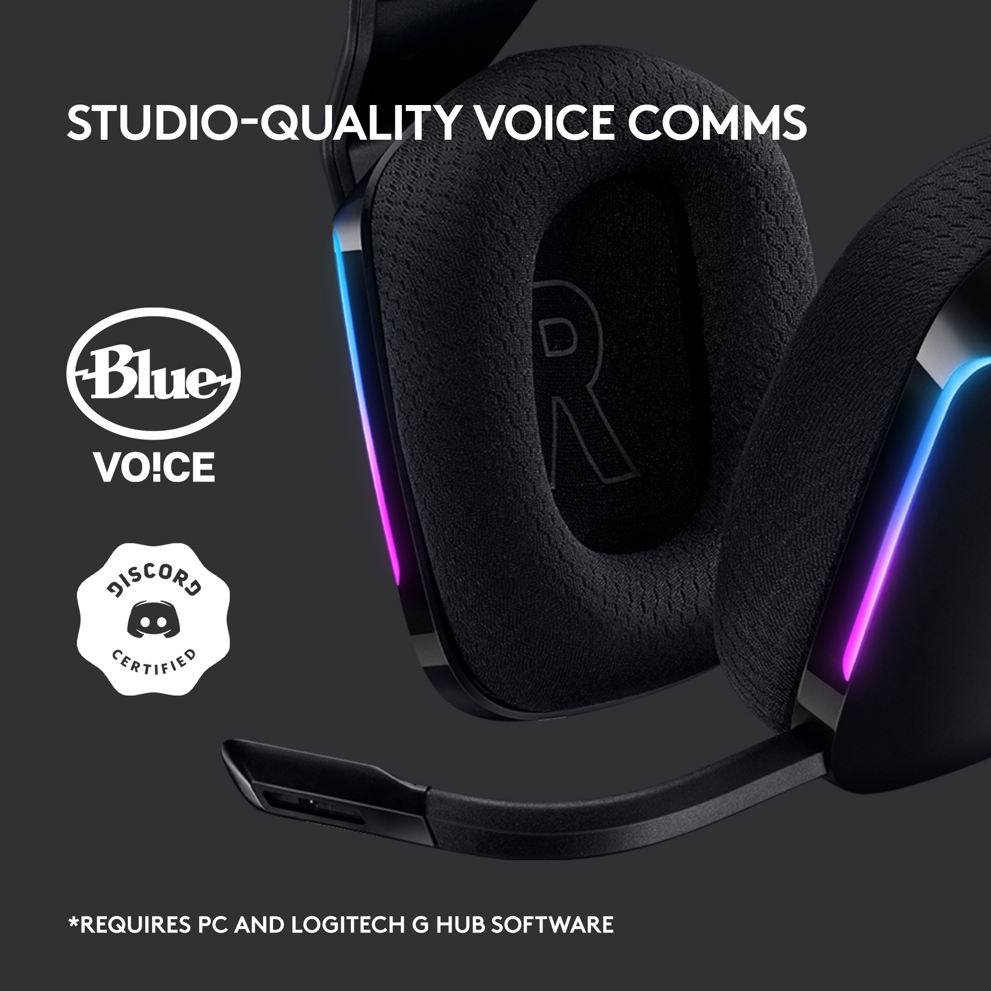 Schwarzes Gaming-Headset mit Blue VO!CE Logo und Discord-Zertifizierung. Das Design ist schwarz mit RGB.