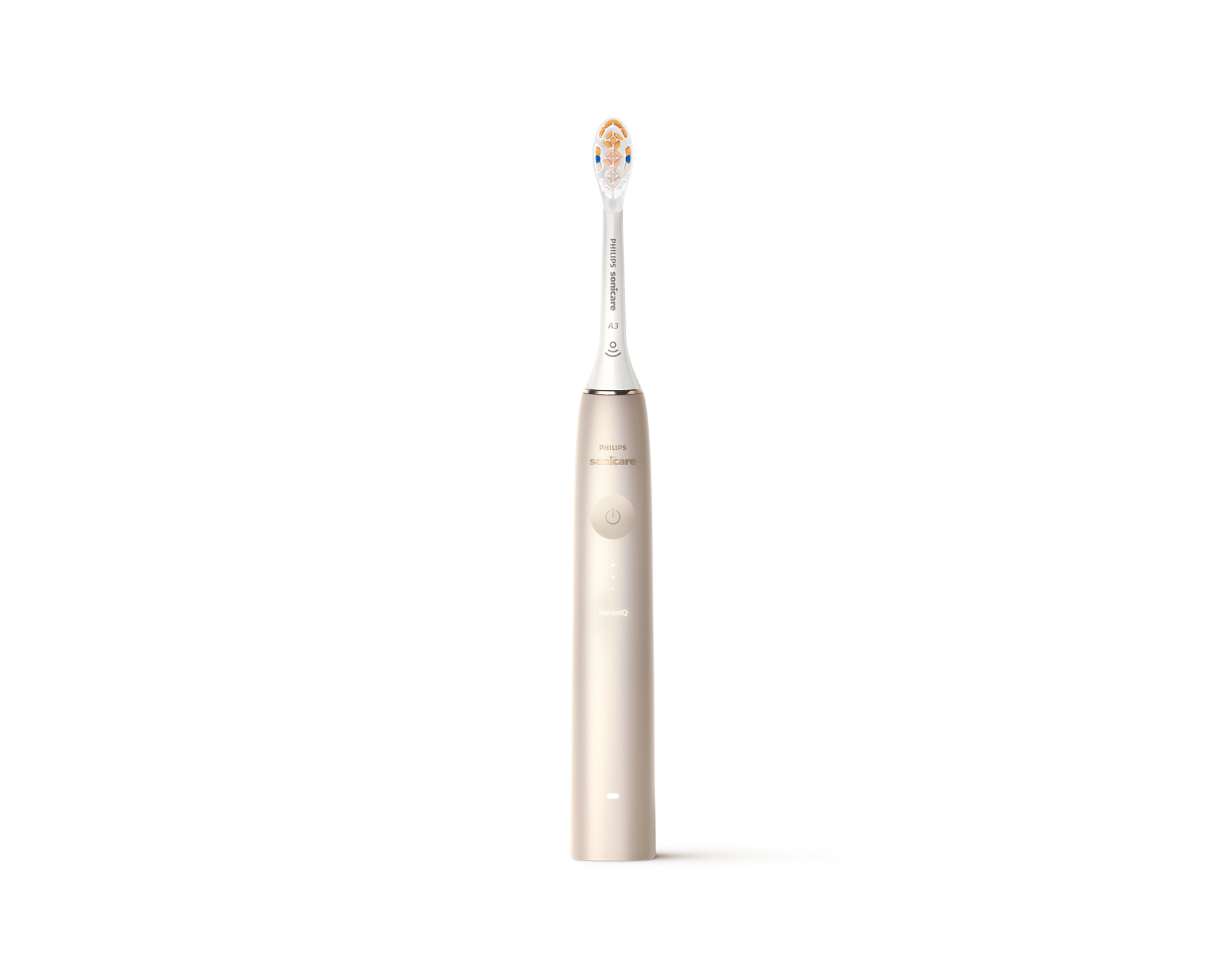 A Philips Sonicare toothbrush in a gold color on a white background.