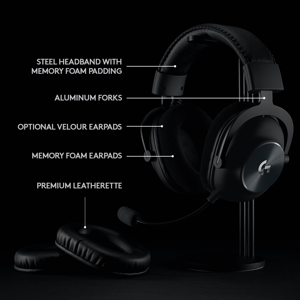 Schwarzes Gaming-Headset auf einem Ständer, mit Etiketten, die auf Funktionen zeigen.