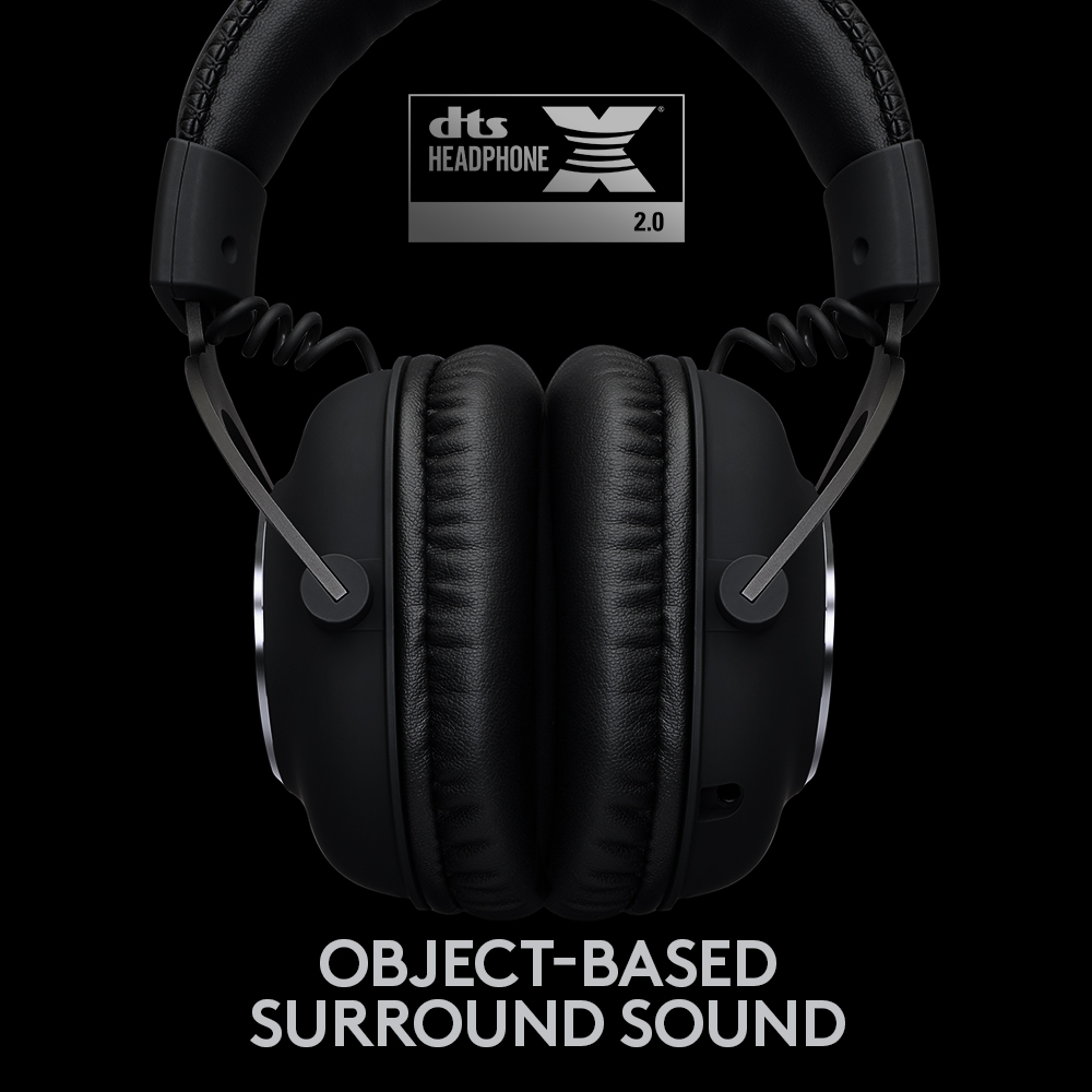 Schwarze Kopfhörer mit DTS Headphone:X 2.0 Logo, objektbasiertem Surround Sound Text.