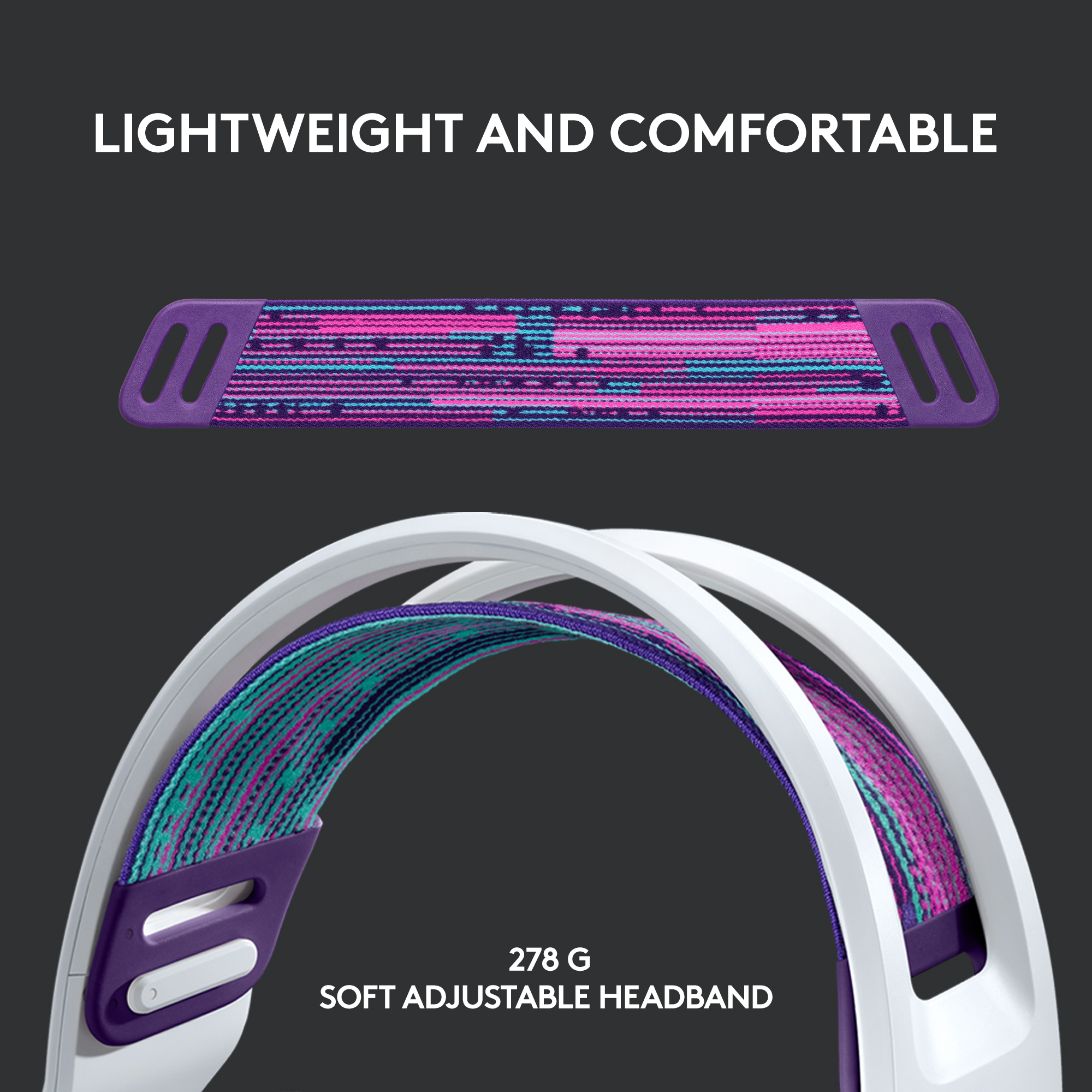 Casque avec cadre blanc, accents violets et bandeau coloré.