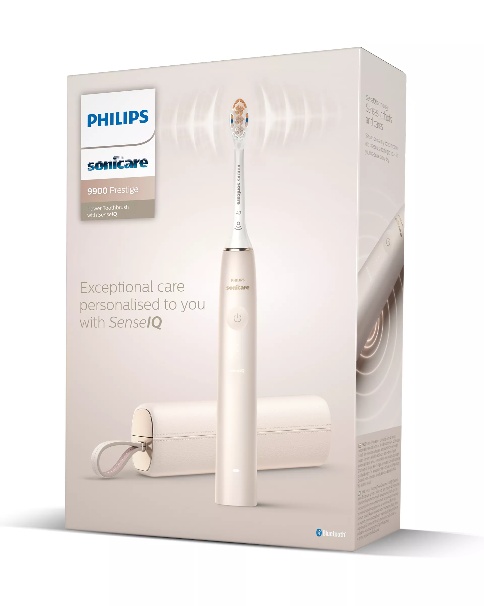 White electric toothbrush box with toothbrush and case. Philips Sonicare 9900 Prestige. White color.