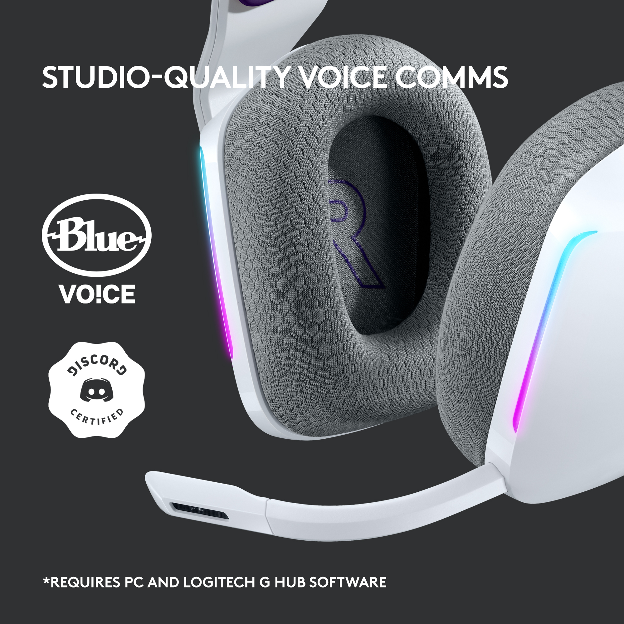 Casque de jeu blanc avec microphone, logo certifié Discord et logo Blue Vo!ce.