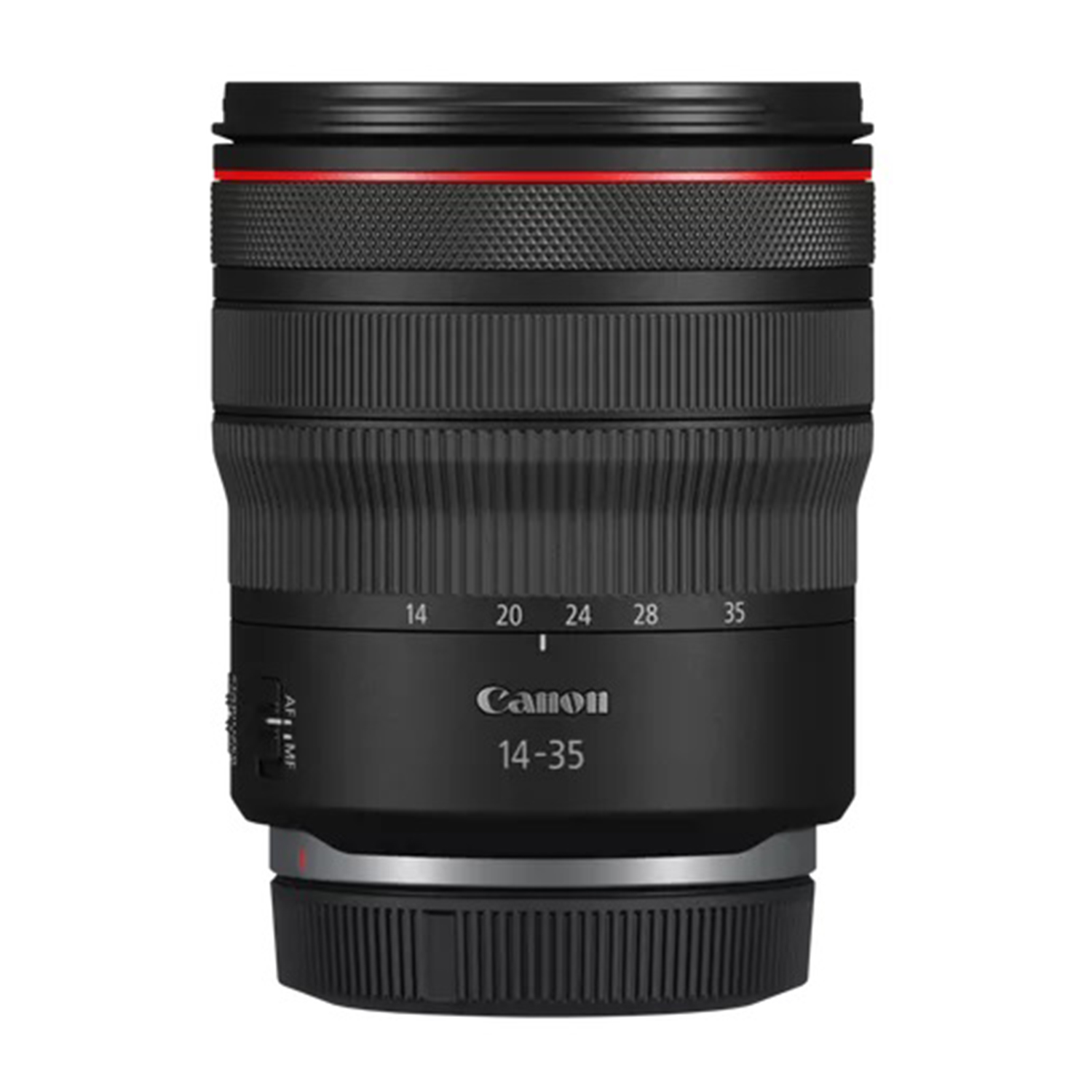 Obiettivo Canon 14-35mm. Obiettivo nero con lunghezze focali indicate e un anello rosso.