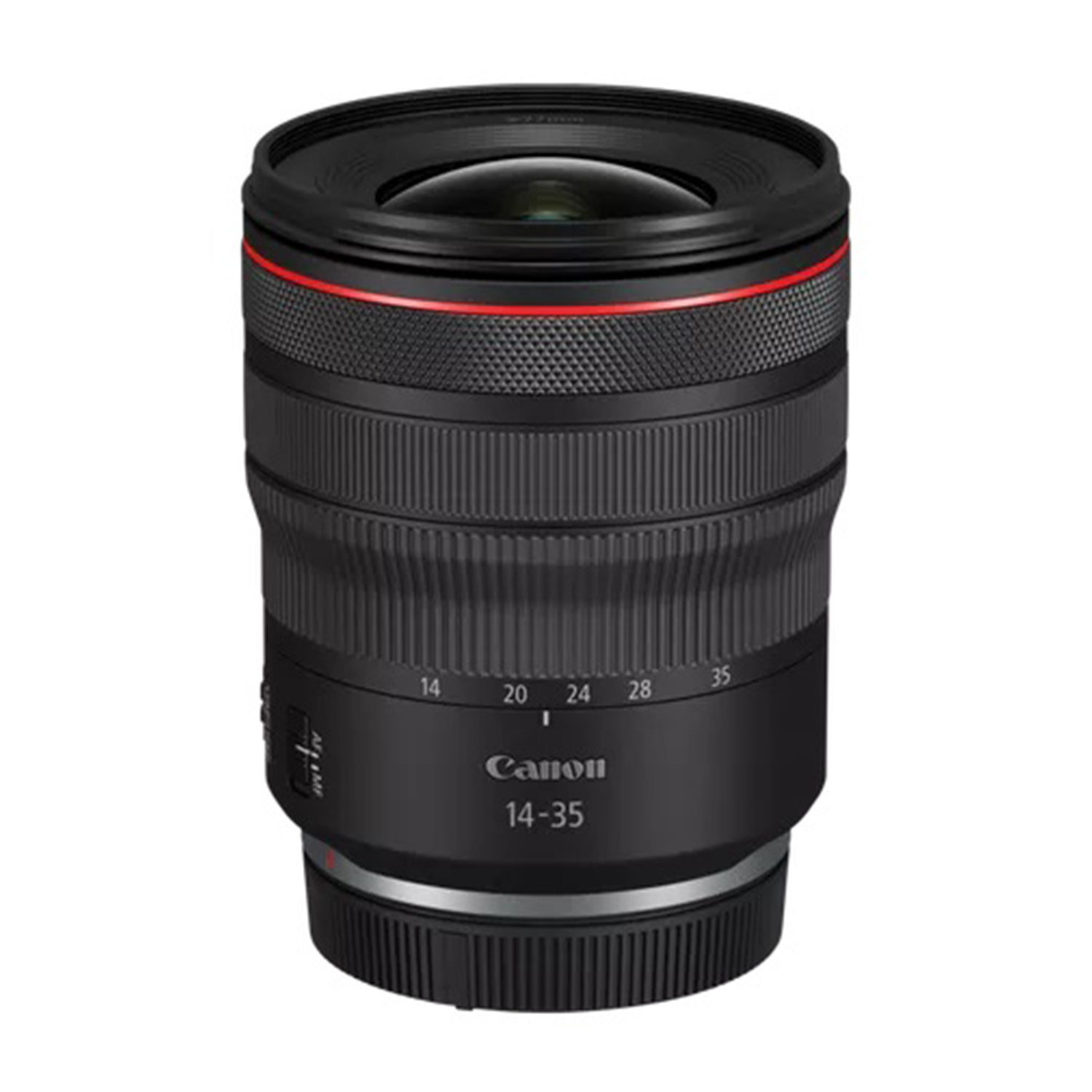 Obiettivo Canon 14-35mm, nero con anello rosso e testo bianco.