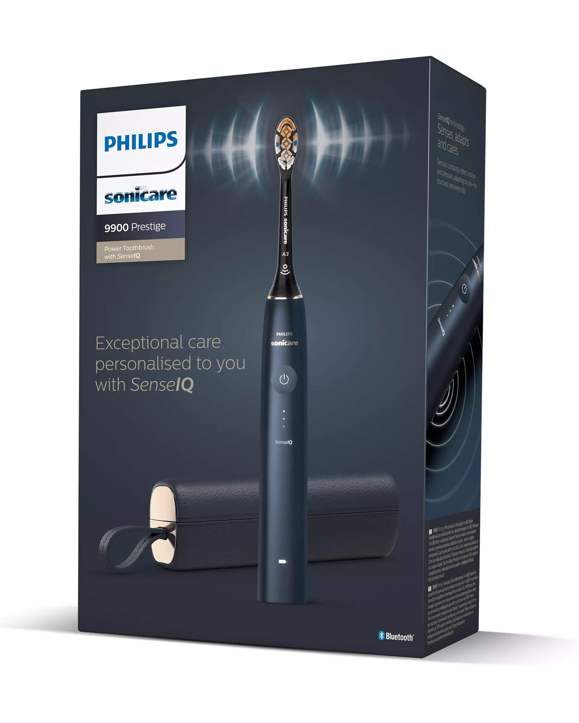 Philips Sonicare 9900 Prestige toothbrush in a dark box with the brand logo.
