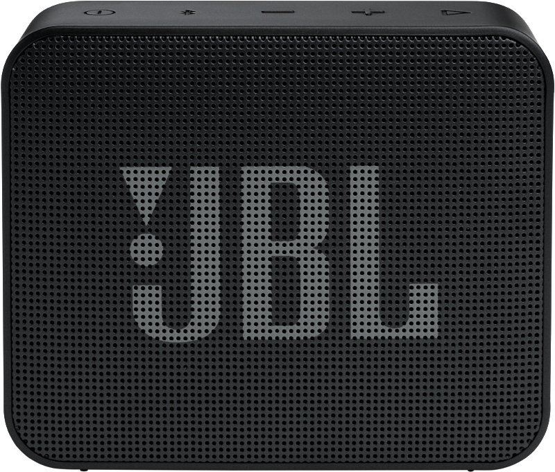 Schwarzer tragbarer JBL-Lautsprecher mit dem JBL-Logo und perforierter Oberfläche.