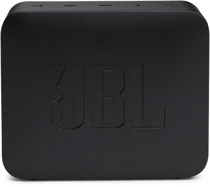 Ein schwarzer Lautsprecher mit dem JBL-Logo in erhabenen Buchstaben und Knöpfen oben.