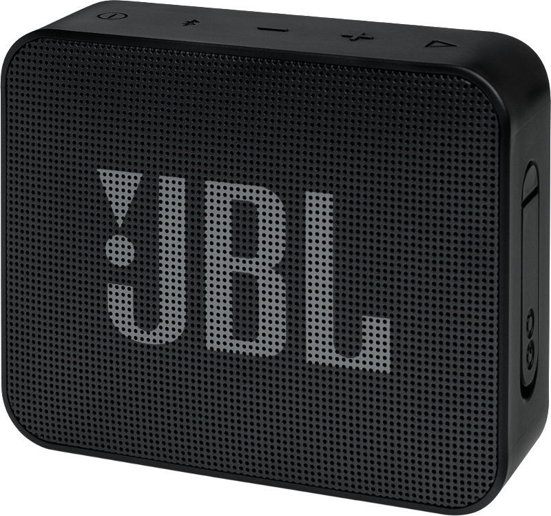 Schwarzer JBL-Lautsprecher. Der Lautsprecher hat ein Gitterdesign mit dem JBL-Logo. Weißer Hintergrund.