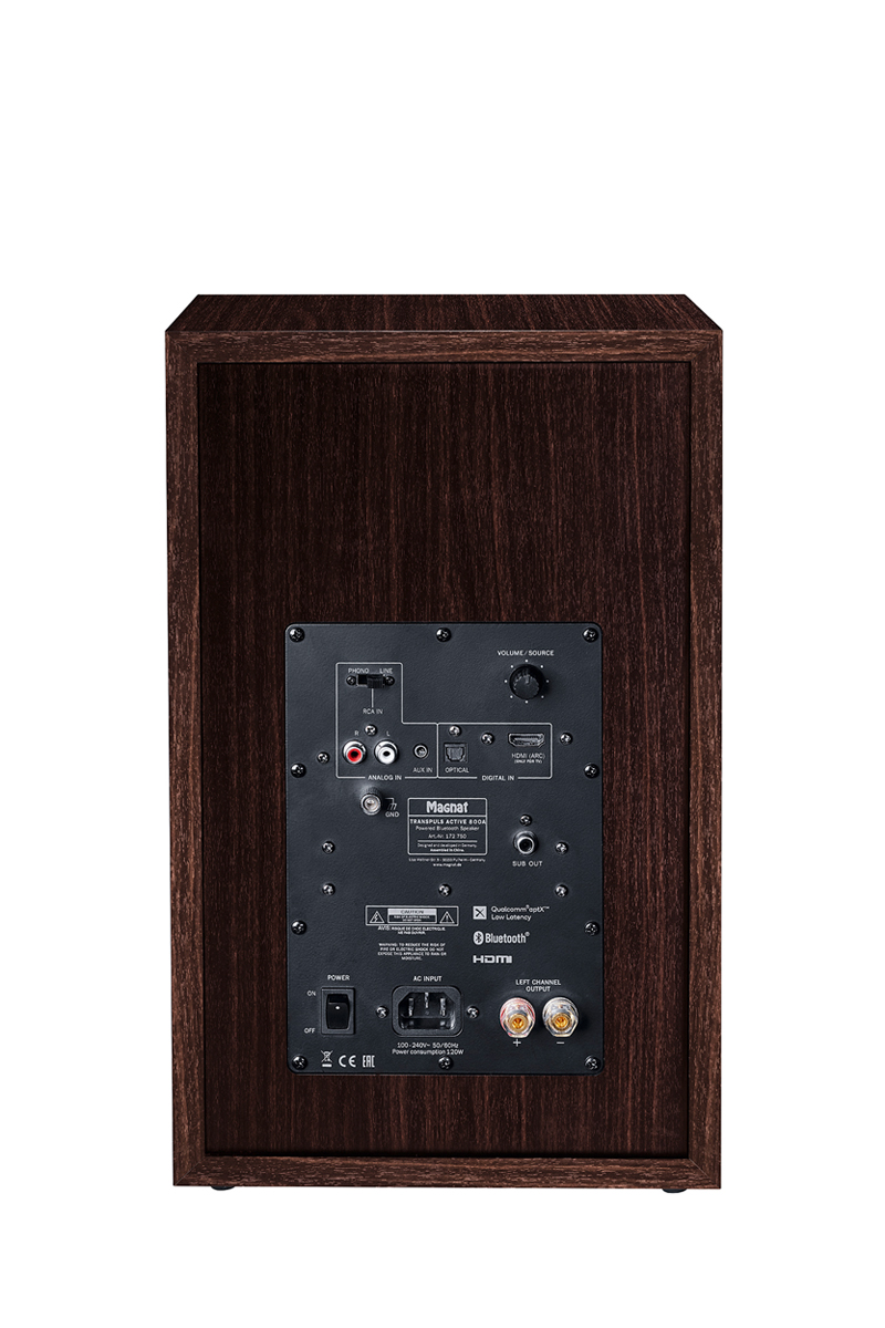 Rückseite eines braunen Lautsprechers. Bedienelemente, Eingänge und Ausgänge auf schwarzem Panel. AC-Eingang und HDMI-Port.