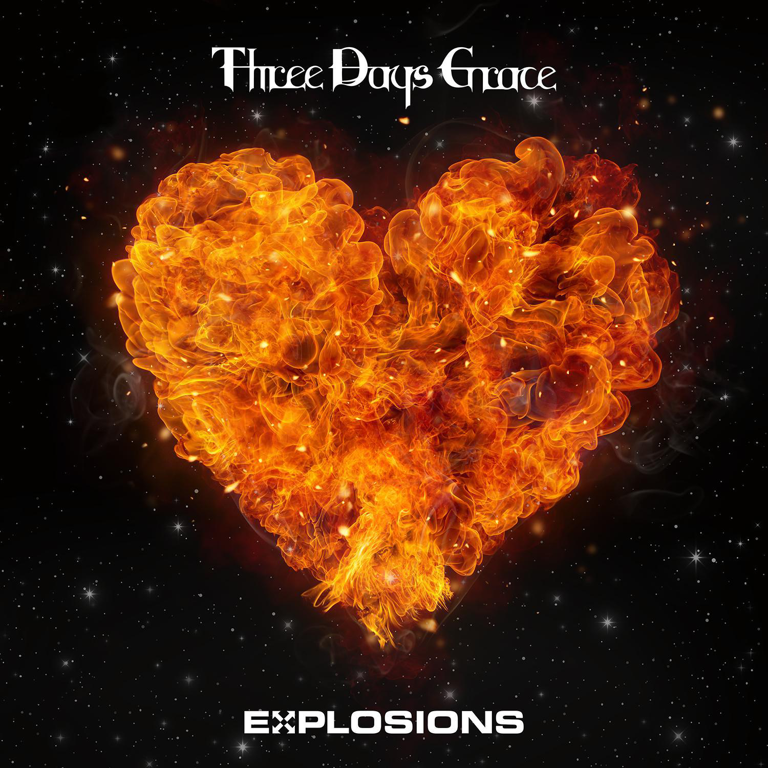 Albumcover von 'Three Days Grace - Explosions', herzförmige Flamme auf sternenklarem Hintergrund.