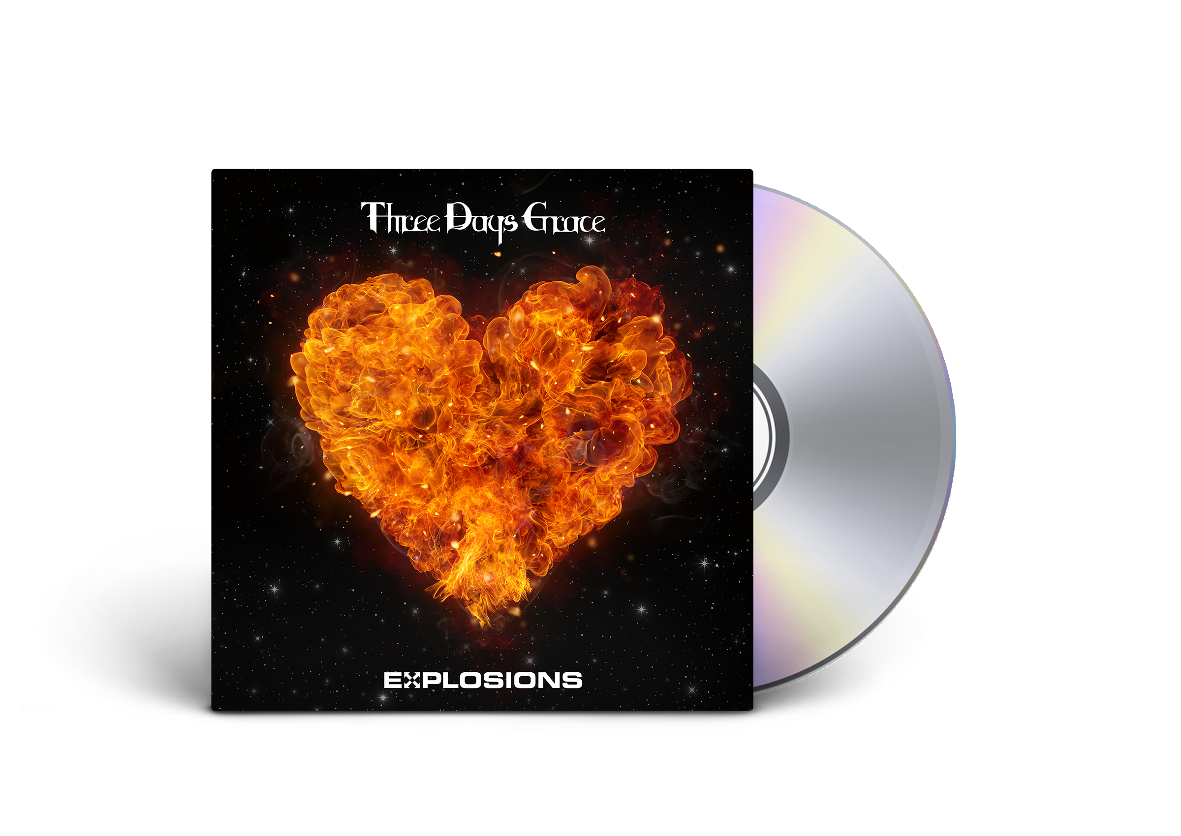 Three Days Grace CD-Cover. Brennendes Herz-Bild. CD-Hülle und Disc auf weißem Hintergrund.