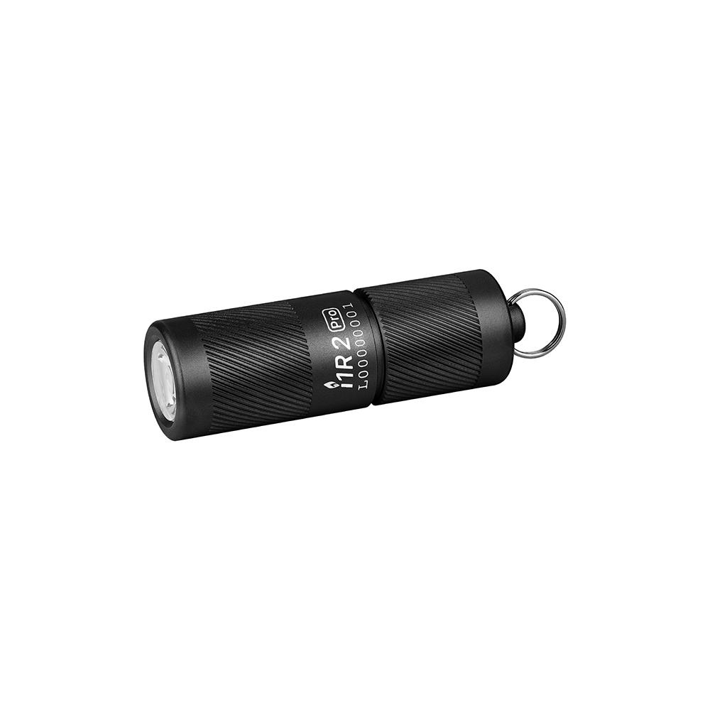 Schwarze Taschenlampe. Zylindrische Form mit Silberring. Mit Schlüsselring.