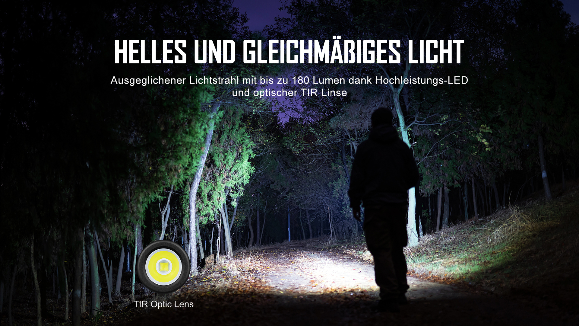 Nachtszenen, Person geht auf Pfad mit hellem Licht voraus.