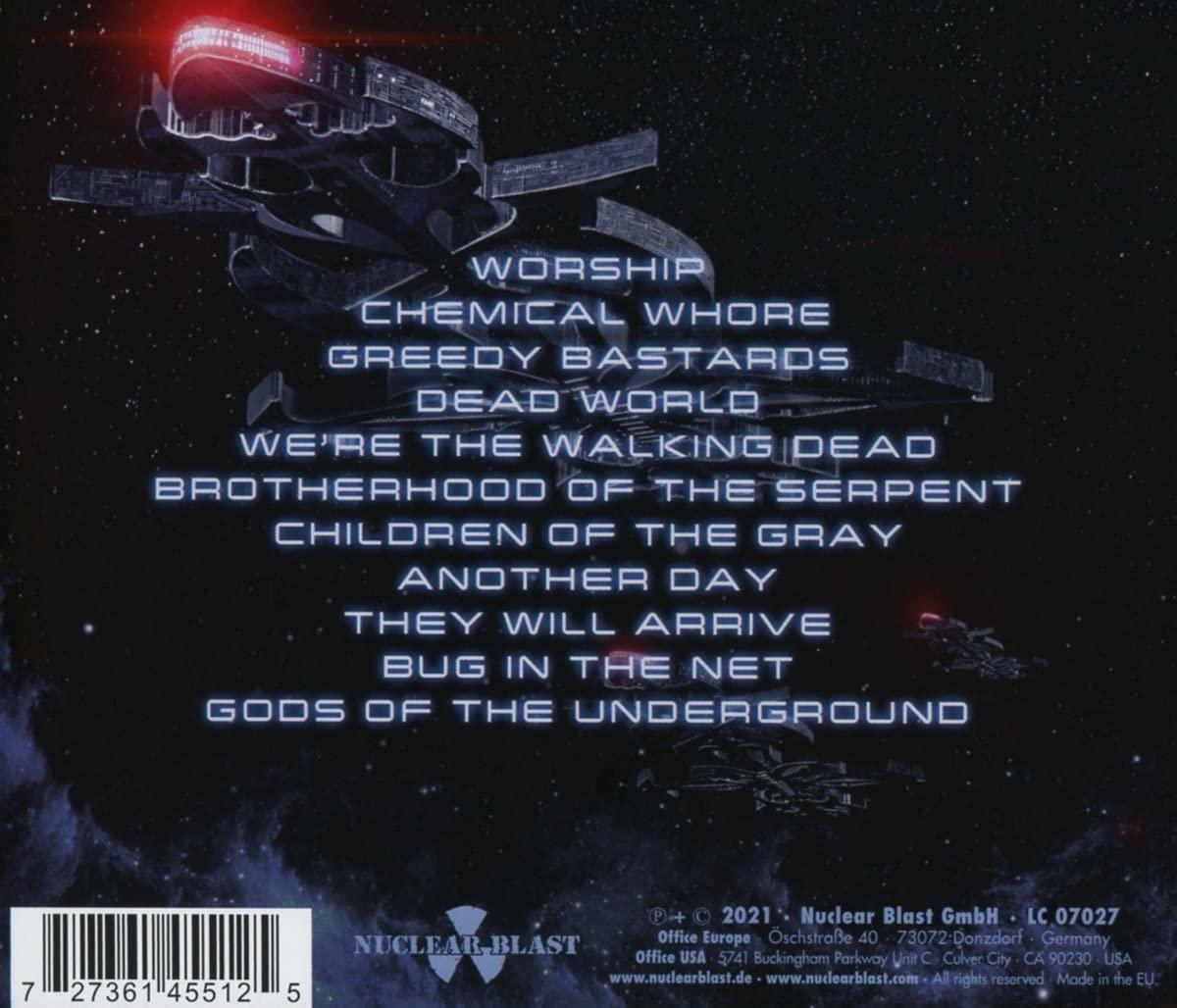 Rückseite einer CD mit Songtiteln und Raumschiffgrafik. Blaues und weißes Farbschema.