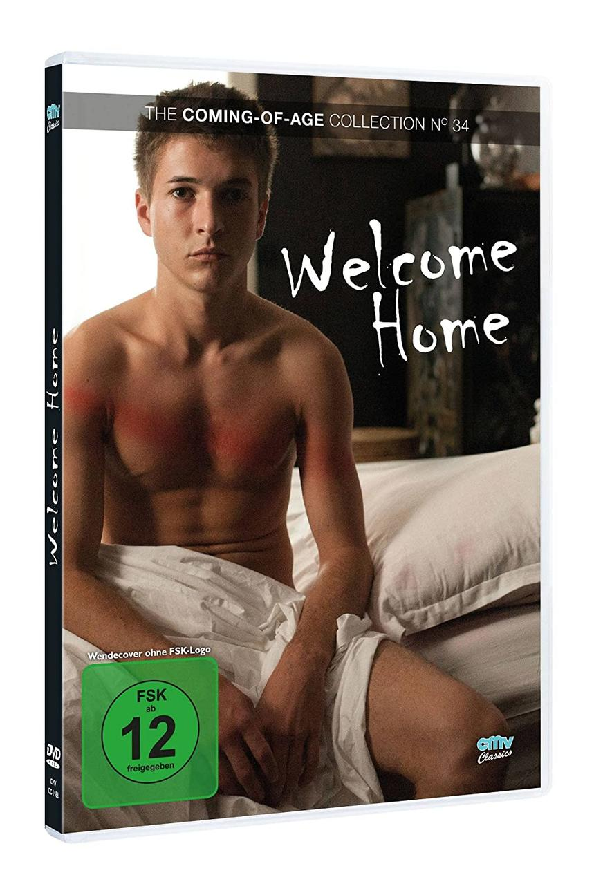 DVD-Cover: Oben ohne Mann auf Bett, Titel 'Welcome Home', grüner Altersaufkleber.