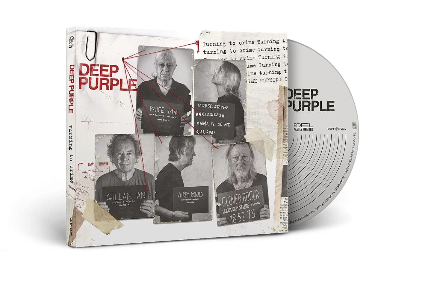 Album de Deep Purple avec photos d'identité des membres du groupe et CD. Texte : Turning to crime.
