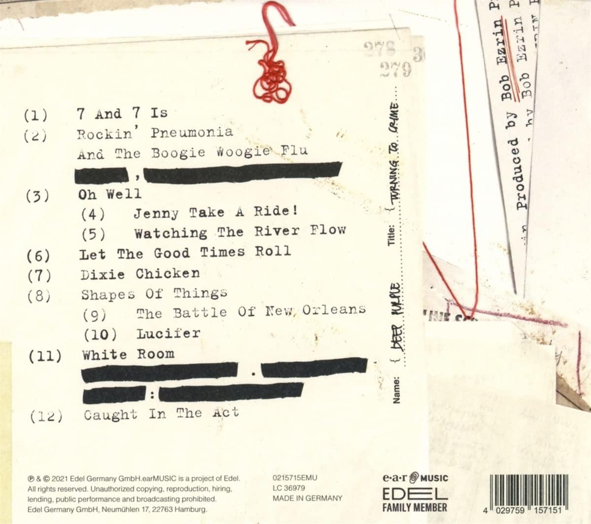Dos de l'album avec liste des titres et crédits sur fond de papier texturé.