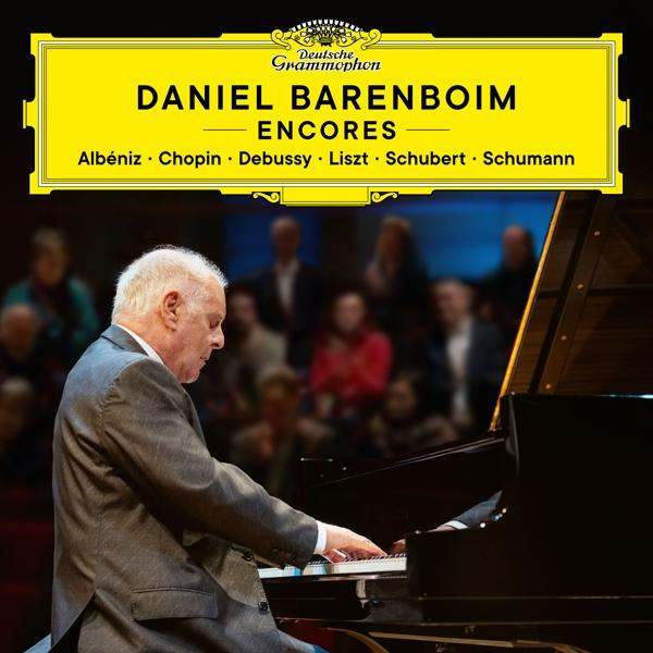 Daniel Barenboim jouant du piano. Pochette d'album avec le texte 'Daniel Barenboim Encores'.