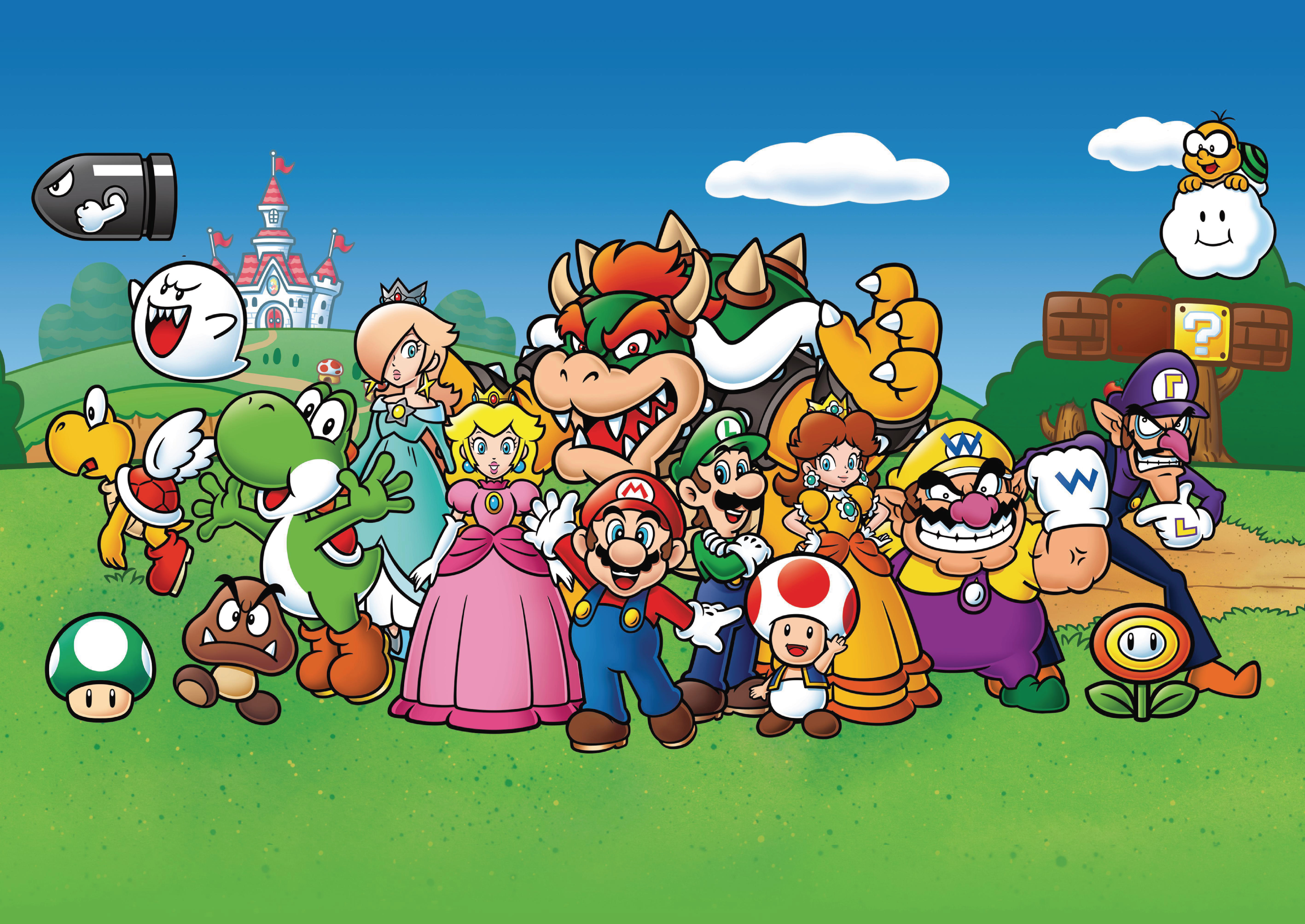 Cartoon mit verschiedenen Charakteren. Mario, Luigi, Prinzessin Peach, Yoshi, Bowser und andere.