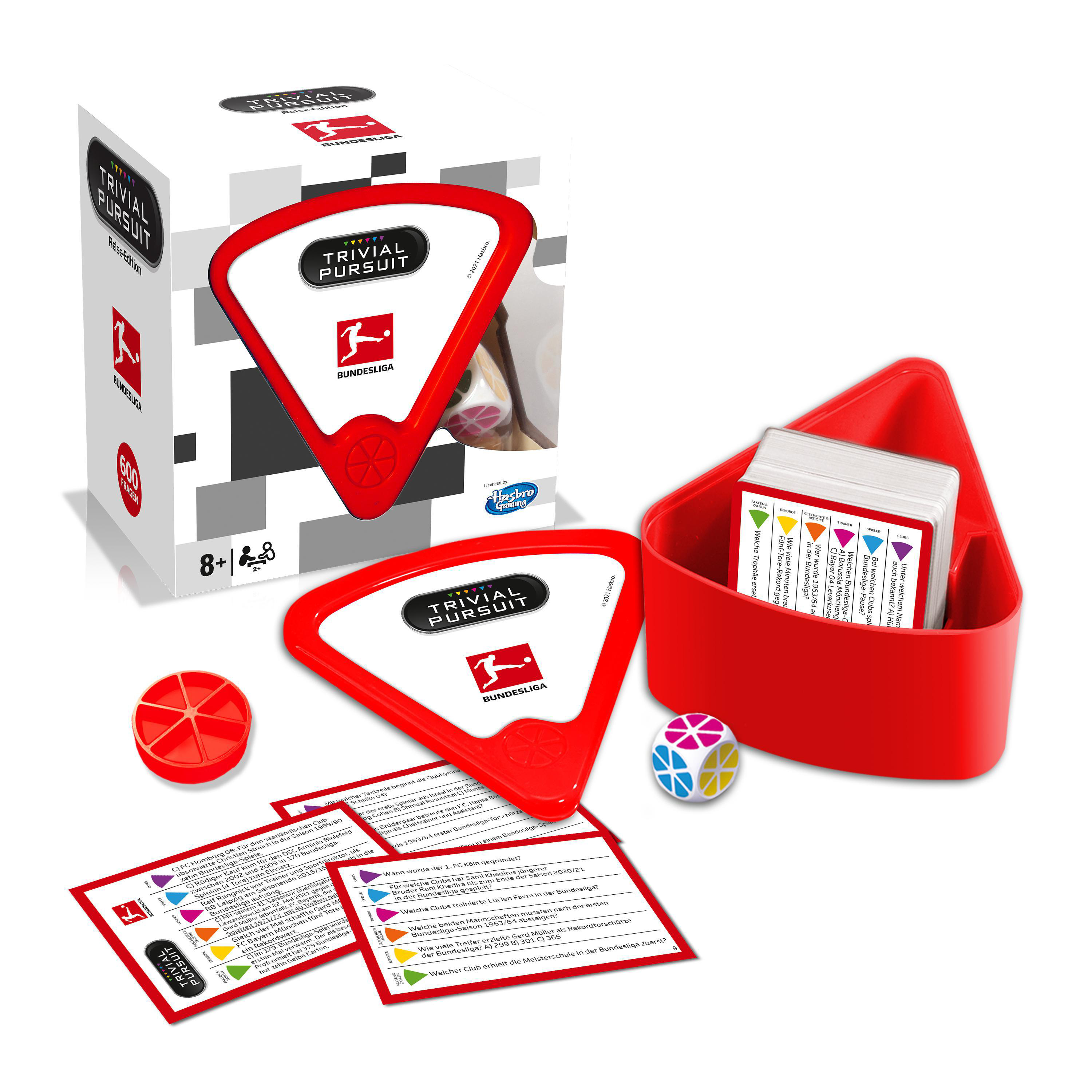 Trivial Pursuit Bundesliga Spieleset mit Box, Spielsteinen und Karten.