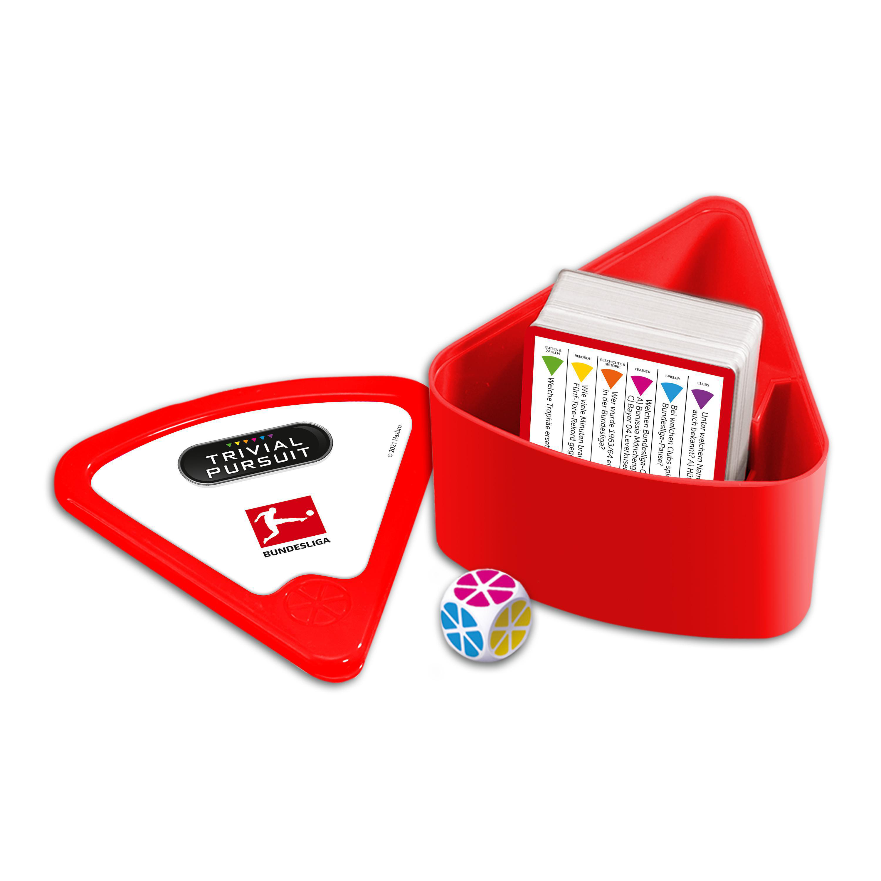 Trivial Pursuit Spielbox, ein Würfel und Karten sichtbar.
