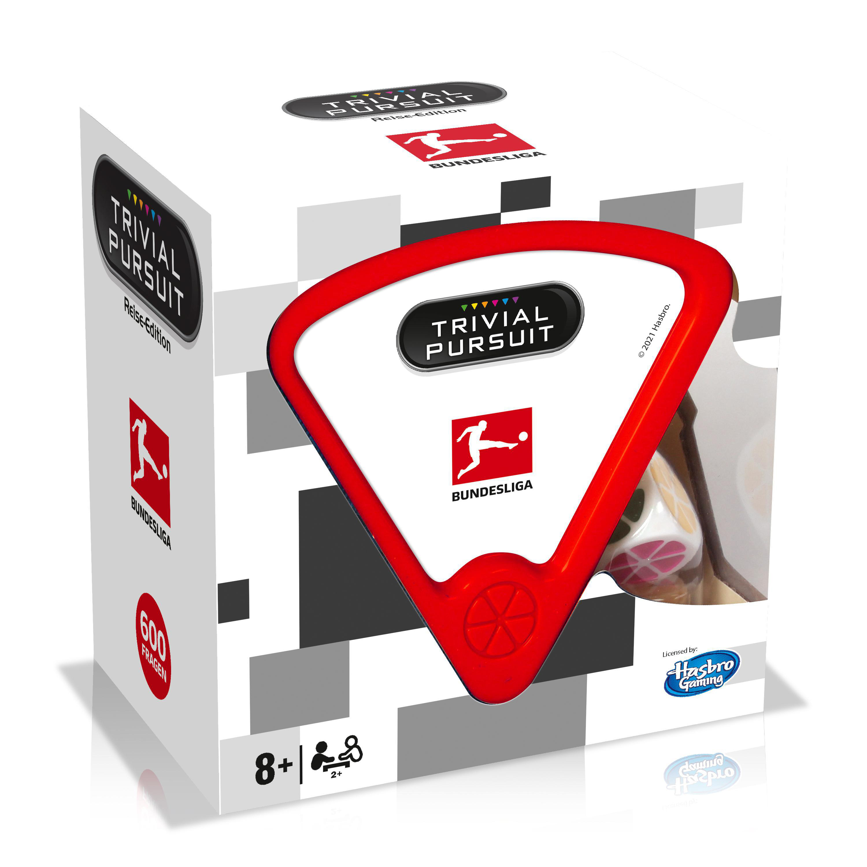 Trivial Pursuit Bundesliga Spielbox. Rotes und weißes Design mit dem Spiel-Logo und dem Wort 'Bundesliga'.