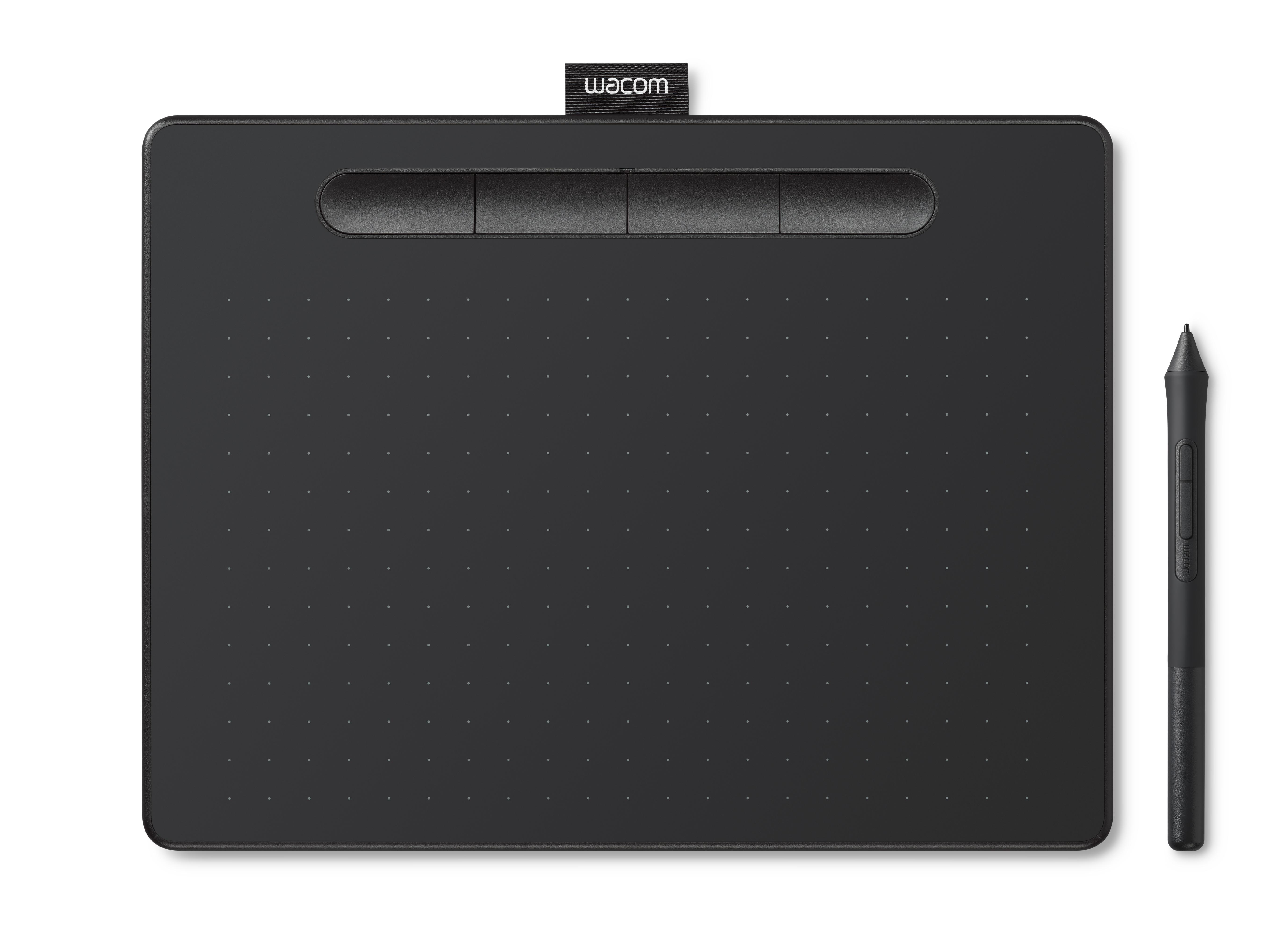 Schwarzes Wacom-Zeichenbrett mit Stift. Oben 4 Tasten, Gitter aus Punkten.