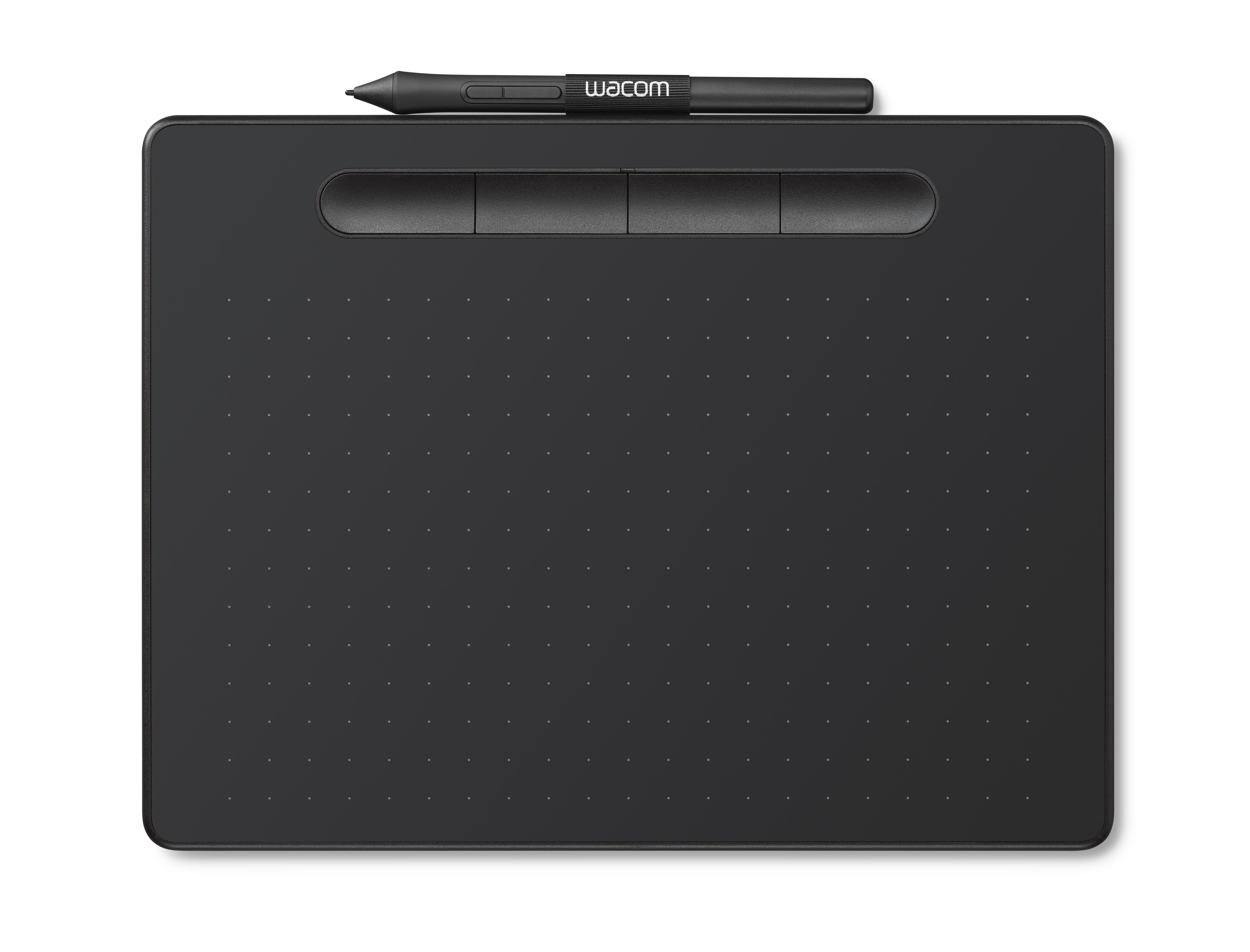 Ein schwarzes Grafiktablett mit Stift, auf weißem Hintergrund.