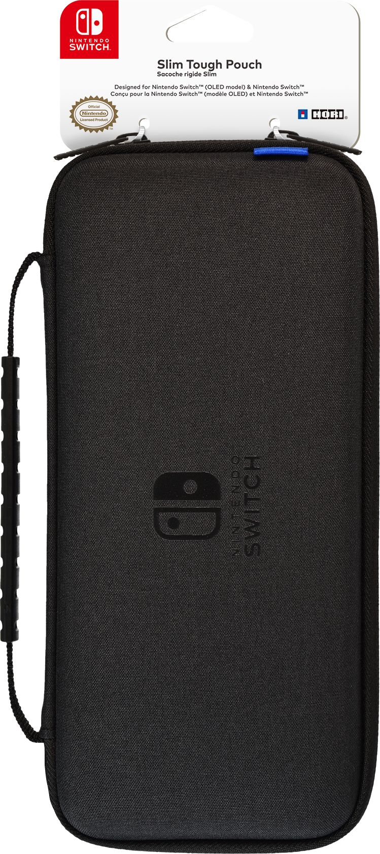 Custodia nera per Nintendo Switch. Copertura in tessuto grigio. Sfondo bianco. Marchio e testo visibili.
