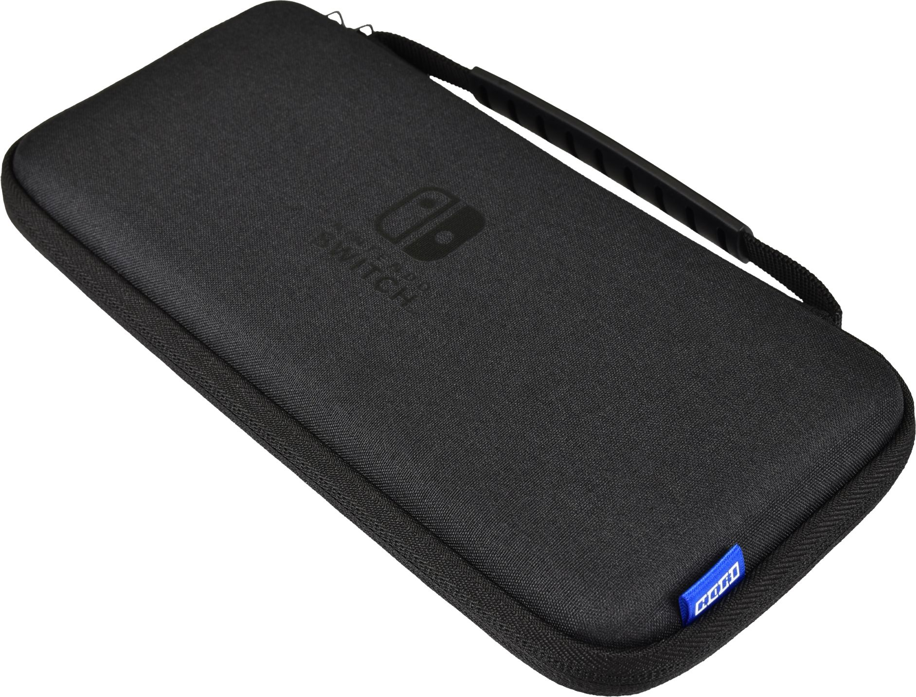 Custodia Switch nera con logo Switch, maniglia e etichetta angolare blu.