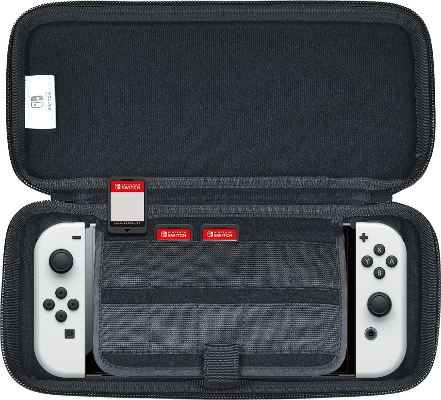 Una custodia nera per Nintendo Switch, con una console Switch e cartucce di gioco all'interno.