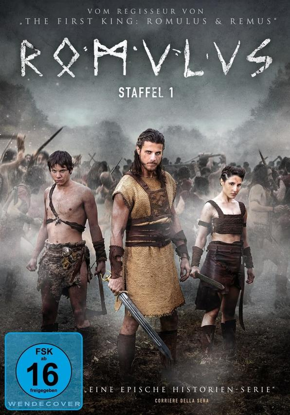 Filmcover. Drei Personen in römischer Kleidung, mit Schlachtfeldhintergrund. Titel: Romulus.