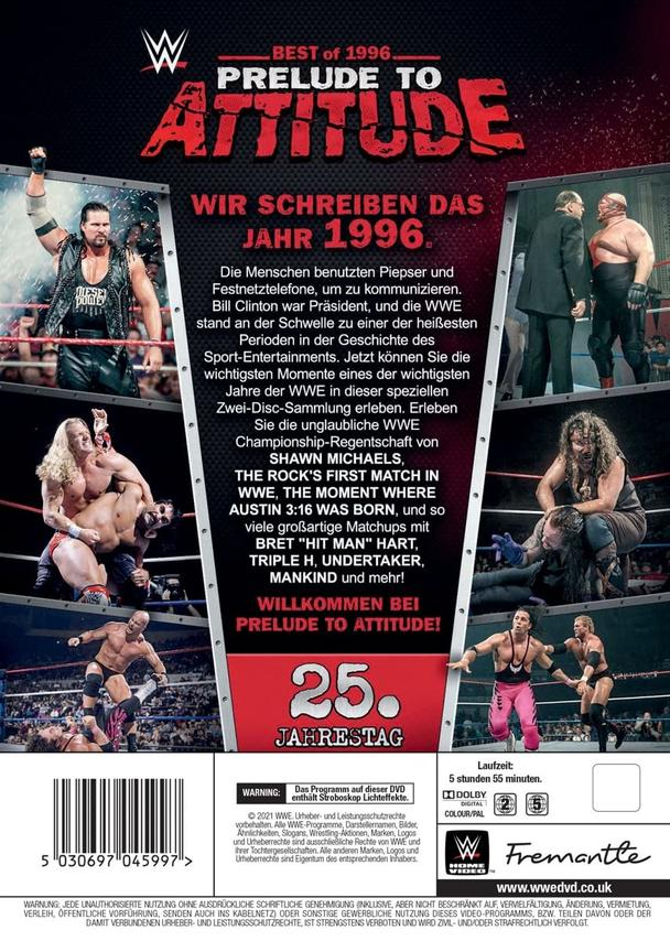 DVD-Cover für 'Prelude to Attitude'. Bilder von Wrestlern und Text. Rote und schwarze Farben.