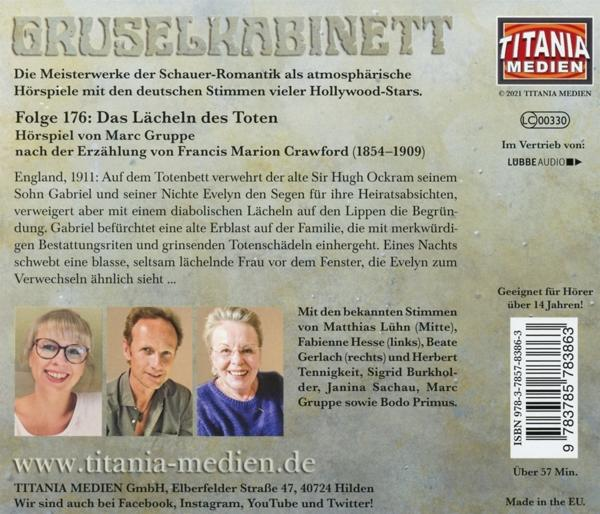 Hörbuchcover mit Text und Personenbildern. Es ist eine deutsche Horrorgeschichte von Titania Medien.