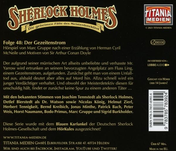 Rückseite eines deutschen Sherlock Holmes Hörbuchs. Text, Logo und ein Bild des Covers.
