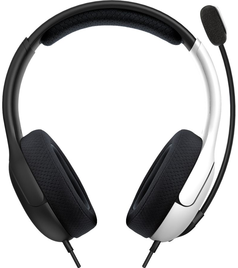 Schwarz-weißes Headset mit Mikrofon, für Gaming oder Kommunikation konzipiert.