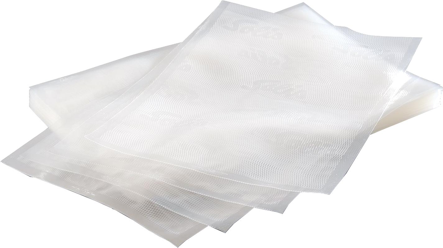Stapel heldere plastic vacuümzakken, golvende textuur.