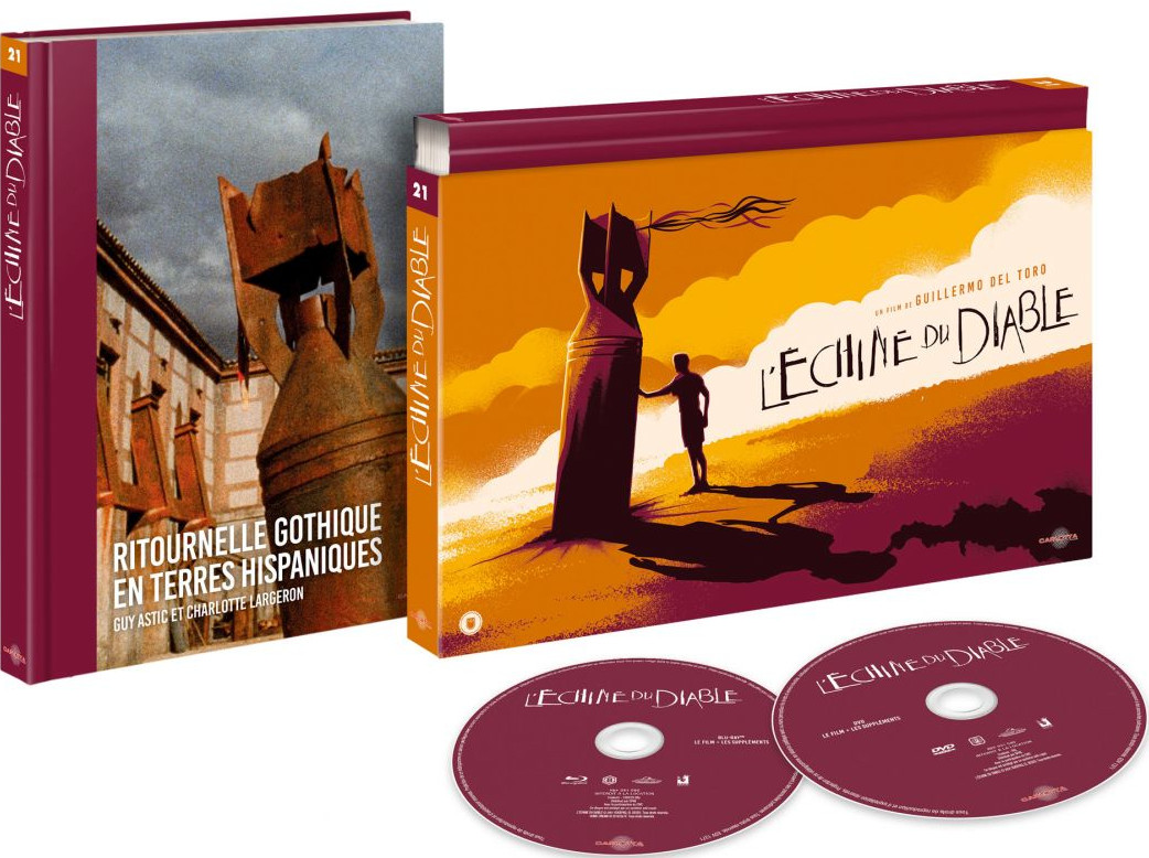 A movie set with two discs and a book, all with the title 'L'Échine du Diable' on it.